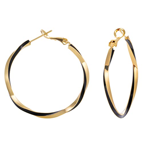Big Twist Hoop Earrings - 18K Gold Plated,Twist Hoop Earrings - 925 Sterling Silver Post，Lightweight Gold Hoops Black and white element for Women and Girl
