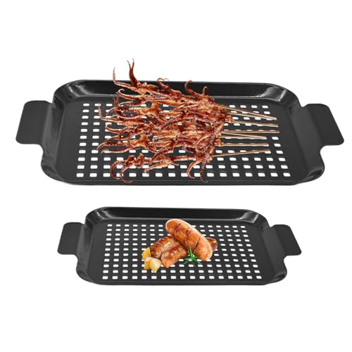 Sartén para barbacoa, 2 topes antiadherentes con asas, accesorios para barbacoa, uso en interiores al aire libre para, mariscos con carbón vegetal y barbacoas ahumadas