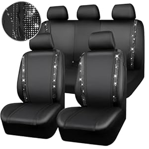 CAR PASS Diamond Leather Bling Car Seat Covers Full Set, Shining Rhinestone Waterproof Durable Rear with Zipper, Universal Fit Automotive Glitter Crystal Sparkle Strip for Cute Women Girly Black