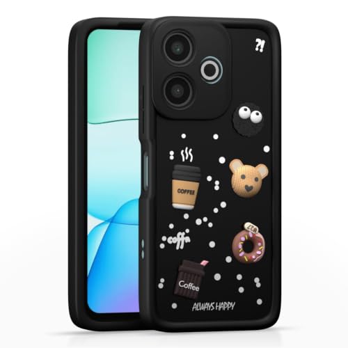 Image of Bintage Cute Fun Ball | Taddy Cartoon 3D Smiley Coffee Cup | Milk Donut | Full Camera Protection Back Cover Compatible for Tecno KI5K / Spark 10c - Black