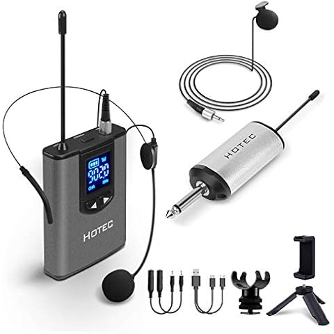 Hotec UHF Wireless Headset Microphone/Lavalier Lapel Mic with Bodypack Transmitter and Mini Rechargeable Receiver 1/4" Output, for Live Performances, Support Phone Cover