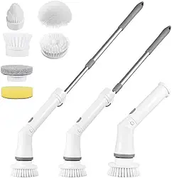 Escova de Limpeza Elétrica com Haste Extensível Ajuste de Ângulo Flexível Conjunto de 8 Cabeças Branco Recarregável Fácil de Utilizar