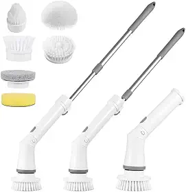 Escova de Limpeza Elétrica com Haste Extensível Ajuste de Ângulo Flexível Conjunto de 8 Cabeças Branco Recarregável Fácil de Utilizar