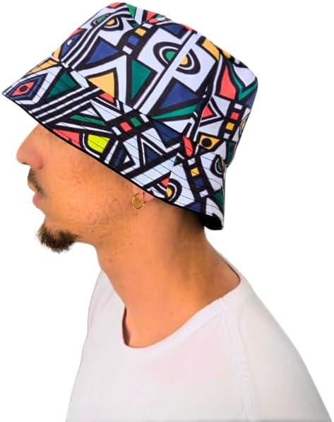 South African Ndebele African Reversible Bucket Hat by Tribe Afrique Blue