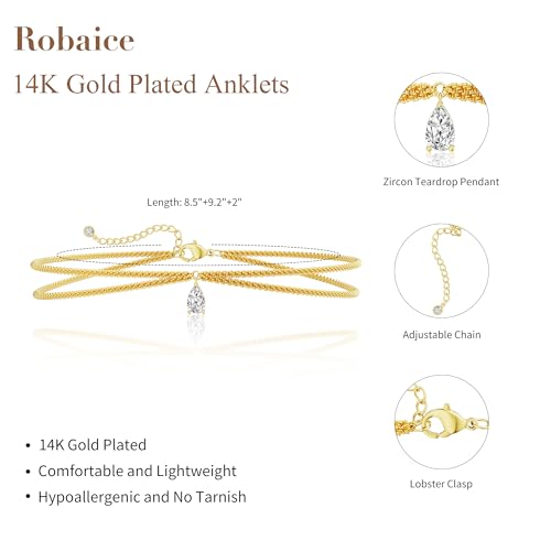 Image of Robaice Ankle Bracelets for Women, Glitter Waterproof Adjustable Anklet for Women, 14K Gold Plated /Sterling Silver Layered Anklets, Summer Beach Anklet Jewelry for Women Gift