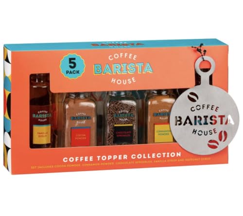 Coffee Gift Sets - Coffee Toppers Set - 4 Pack Coffee Gifts - Vanilla Sugar, Chocolate Sprinkles, Cocoa Powder, Cinnamon Sugar Powder, and Coffee Stencil