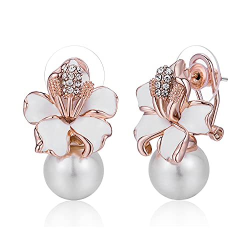 Kemstone Rose Gold/Silver Plated Flower Pearl Earrings Stud/Clip On for Women