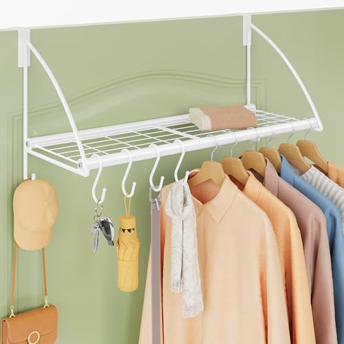 Tajsoon Over Door Clothes Hanger with Storage Rack and 6 Hooks, Extended Over The Door Clothes Rack for Hanging Coat for Bathroom, Bedroom, Living Room, White by Tajsoon - Used condition - US$30.59
