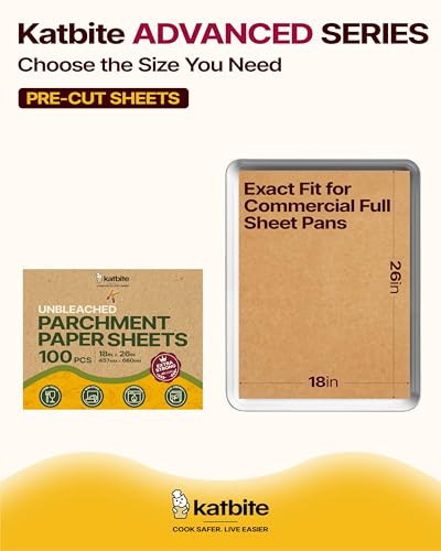 Image of Katbite Parchment Paper Sheets Heavy Duty, 18x26 Inches 100 PCS Precut Baking Parchment, Unbleached, Non-stick, Non-toxic, Extra Strong, Flat Baking Paper for Oven, Cooking, Grilling, Air Fryer