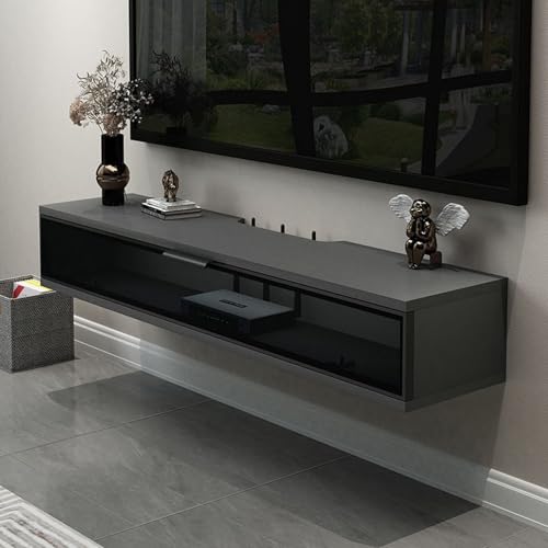 BDYSWD フローテ ィングテレビユニット 壁掛けテレビキャビネット 木質 多機能 壁掛けテレビコンソール 壁掛けtv台 tvボード 吊り下げテレビキャビネット 大容量収納スペース 壁掛けメディアコンソール リビング 寝室テレビボード ローテーブル リビングテーブル(グレー+ブラック,60cm) - BDYSWD - 商品画像