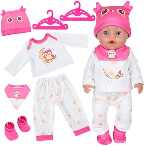 Puppenkleidung für 36-43cm Baby Puppen, 7 Stück Reborn Puppenkleidung Outfits mit Pink Top Pants Socks Hat Bib Hangers, 14-17 Zoll Baby Kleidung Cute Eule Geschenk für Kinder Mädch