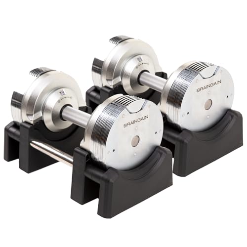 BRAINGAIN Mancuernas ajustables - 23,5kg Cromo - Pesas versátiles para el entrenamiento de fuerza en casa