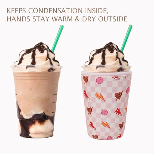 Image of Reusable Insulated Neoprene Iced Coffee Cup Sleeve, Durable Drink Sleeve for Cold Beverages, Beverage Holder for Iced Coffee, Preppy Pink