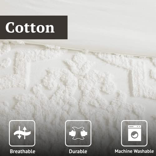 Image of Madison Park Tufted Chenille Cotton Comforter, All Season Bedding Set, Matching Shams, Viola, Damask Off White Full /Queen(90 inchx90 inch) 3 Piece