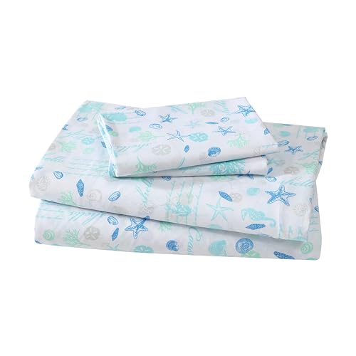 Beatrice Home Fashions Coastal Print Microfiber Sheet Set Soft Comfy 12 Deep Pockets Queen Hampton Blue
