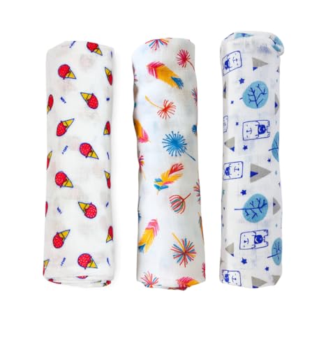 Image of Swaddle for Babies -100% Muslin Cotton Soft Swaddle /Blanket /Multipurpose Wrap for New Born Baby Girl & Boy | Perfect for Gifting | 100 x 100 cm | 0-6 Months, Set of 3 (Print 2)