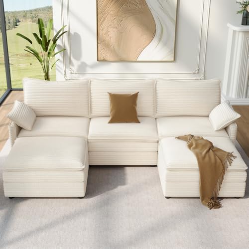 Image of Vesgantti 108 inch U Shaped Sectional Couch, Comfy Cloud Modular Sectional Sofa with 2 Ottoman Deep Seat Corduroy Modern Cloud Sofa, Modular Sofas for Living Room, Bedroom and Apartment, Beige