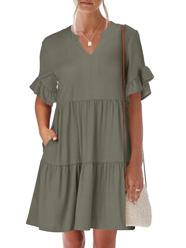 Image of ANRABESS Women's Summer Casual Dress, V-Neck Ruffle Sleeve Tiered Mini Dress, Soft Comfy Fabric with Pockets for All-Day Wear