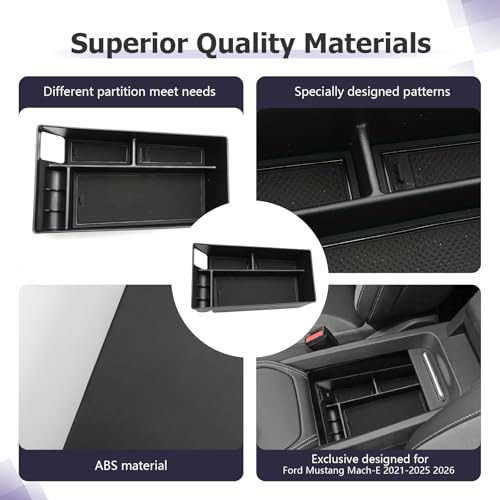 Image of LUWU 2024 Mustang Mach E Center Console Organizer for 2021-2024 Ford Mustang Mach E Select /Premium /GT Accessories Armrest Console Storage Box Glove Organizer Tray ABS Material (Black)