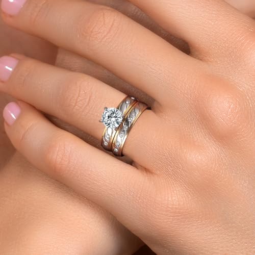 Gem Stone King 2.30 Cttw Two Tones Cubic Zirconia CZ 2 Piece Engagement Wedding Ring and Band Set for Women | Center 7MM | Band Width 1.25MM | Available In Size 6, 7, 8, 94