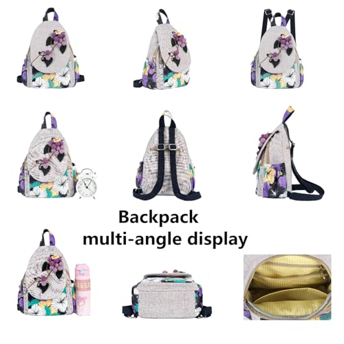 Image of Womens Boho Cotton Hemp Cloth Backpack Boho Vintage Embroidered Casual Purse Handbags Messenger Bag Wheat Ears