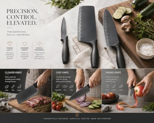 Image of Kitchen Knife Set with Steel Board & Scissors | 3 Cooking Knives Black Coted Stainless Steel Blade With Covers | Food Grade Steel Chopping Board for Veggis,Meat | Multipurpose Kitchen Scissors
