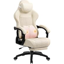 Dowinx Gaming Chair for Adults with Footrest, Reclining Gamer Chair with Massage Lumbar Support, Ergonomic Big and Tall Office Computer Chair 400LBS, High Back PU Leather Gaming Computer Chair,Ivory