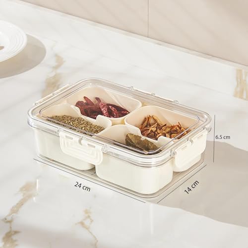 Image of 4-Compartment Spice Storage Container, Airtight Seasoning Box with Clear Lid & Locking Clips, Kitchen Condiment Organizer for Dried Herbs, Spices & Snacks