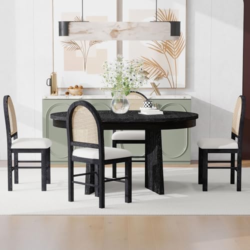 Merax Round Dining Table Set for 4, 1 Retro Extendable Dining Table and 4 Upholstered Chairs with Rattan Backrests, 5-Piece Kitchen Table and Chairs Set for Dining Room and Kitchen