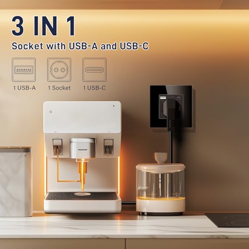 BSEED Schuko Steckdose Mit USB (Max. 2.1A) Und Typ C Port - Schwarz Glas Unterputz Schutzkontakt-Steckdose Ladegerät Für Handys, Laptops Etc