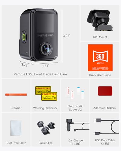 Image of Vantrue E360 Panoramic 2 Channel Dash Cam,Front Fisheye + Inside Fisheye, Dual IR Night Vision,Dual STARVIS 2,Voice Control, Touchscreen, GPS, Parking Mode, Support 1TB