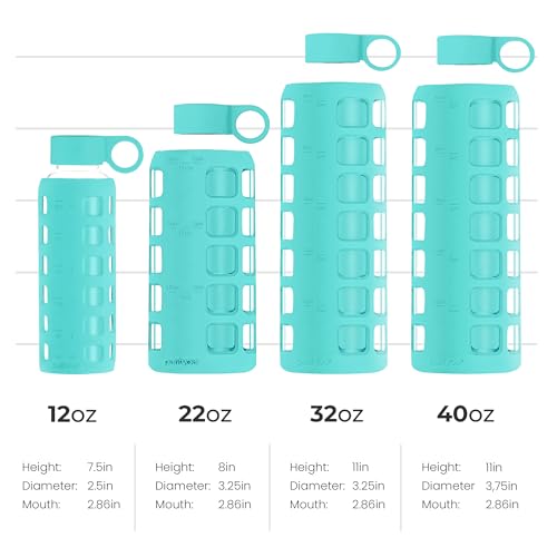 purifyou 40/32/22/12 oz Glass Water Bottles, Reusable with Time & Volume Markings, Non-Slip Silicone Sleeve, Stainless Steel Lid, for Water, Milk & Juice (12oz OceanMist)