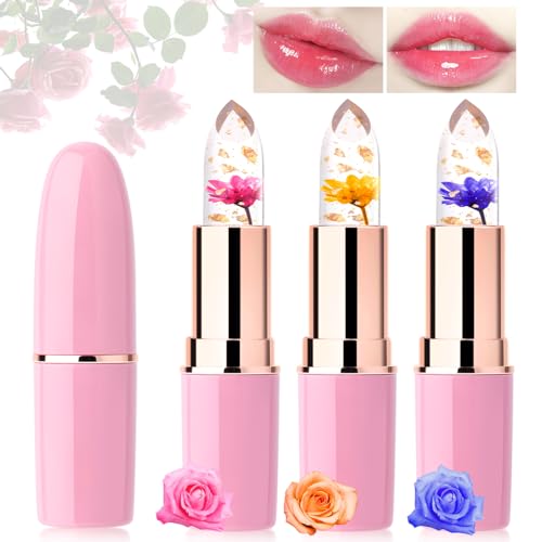 Desing Wish 3 Pezzi Fiore Rossetto PH Cambia Colore Rossetto Magico Lunga Durata Balsamo Labbra Jelly Rossetti Idratante Labbra Set Lucidalabbra Gloss Labbra Trucchi Donna Ragazza Regalo Compleanno