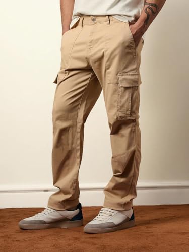 Image of Vogaan Men Solid Relaxed Fit Cotton Blend Cargo Trousers with Utility Pocket