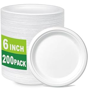 200 Count 6 Inch Small Heavy Duty Compostable Dessert Plates, Biodegradable Bagasse and Bamboo Fiber Paper Plate