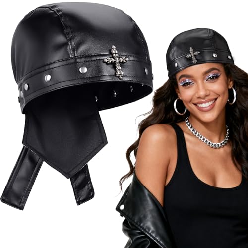 PU Leather Biker Cap with Metal Cross Classic Fashion Leather Biker Hat Unisex Motorcycle Cap Gothic Bandana Hat Black Head Wrap Adjustable Motorcycle Durag for Outfit of The Day Fits 18-23inch