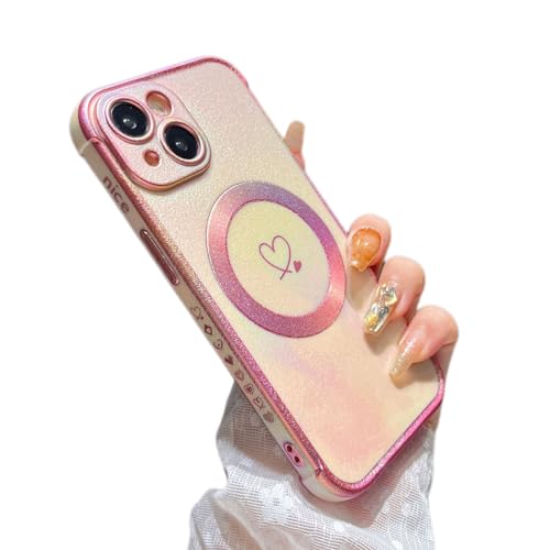 ZTOFERA Magnetic Case for iPhone 15 Plus Case 6.7",Cute Luxruy Iridescent Case with Love Hearts Pattern, Plating Edge Camera Lens Protection Shockproof Phone Case for Women Girls,Pink