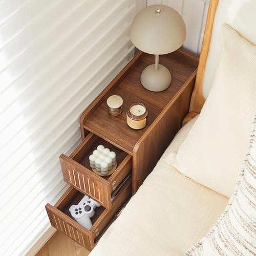 Image of Narrow Nightstand Set of 2, Wooden Small 2 Drawer Nightstand, Slim Side End Table, Skinny Bedside Table, Mid Century Modern Night Stand with Drawers for Bedroom (Deep Walnut-2 pcs)
