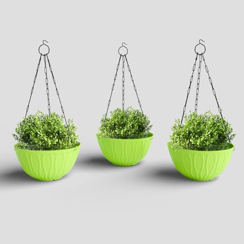 Image of YUCCABE ITALIA SHERA Hanging Wave 8 Inch Plastic Flower Pot for Plant Pack of 3 Pcs Round Shape Hanging Pot for Balcony Railing Planters for Indoor and Outdoor Garden (Green)