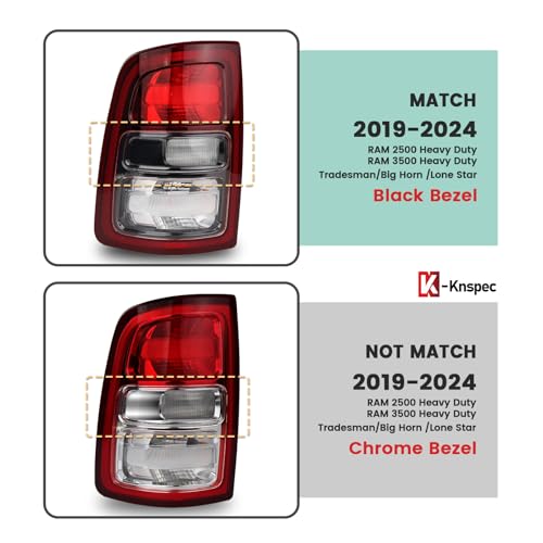 KNSPEC Halogen Tail Lights Assembly Compatible With 2019-2024 Dodge Ram 2500 3500 Non-LED Models Taillights Replace 68409003AD 68409002AD (Black Bezel Halogen, 1 Pair) by KNSPEC - Used condition - Image 2