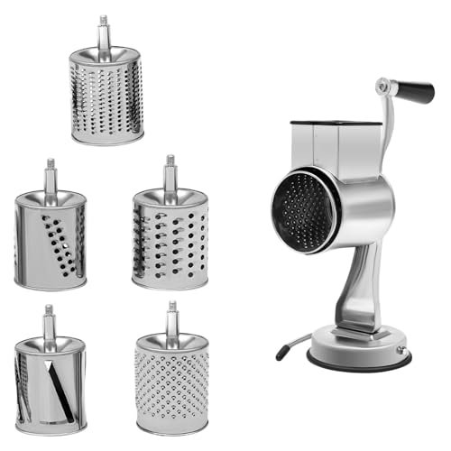 Küche Drehreibe, Edelstahl Trommelreibe Nussmühle, Trommelreibe Schnelleres Käsereibe Möhrenreibe Gemüseschneider mit 5 Trommelblättern, für Obst und Gemüse