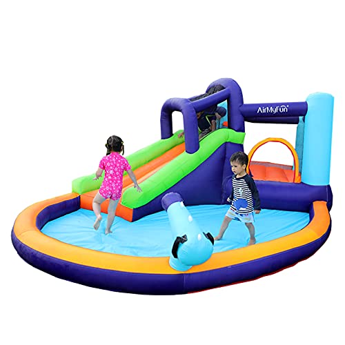 AirMyFun Inflatable Bounce House, Water Spray for Summer Time, Inflatable Bouncer with Air Blower, Jumping Castle with Water & Slide, Idea for Kids (Water Park)