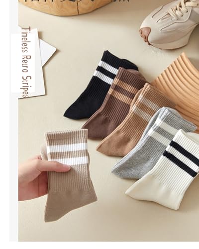 Image of Deeorla Womens Striped Crew Socks Brown Vintage Retro Athletic Socks 5 Pairs