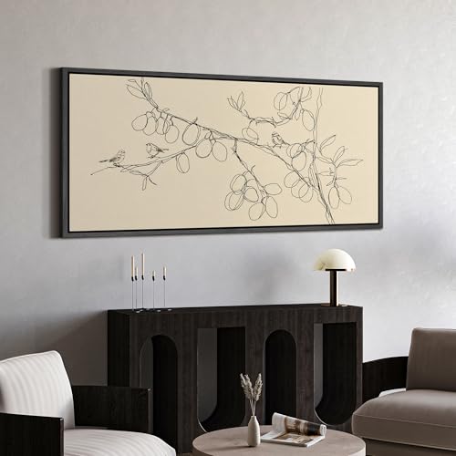 Image of MUDECOR Extra Large Framed Canvas Print Wall Art Simple Line Art Birds on Branch Botanical Minimalist Antique Retro Ready to Hang Painting for Living Room Bedroom Multi-Sizes - 60 inchx30 inch