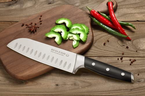 Foto von SHI BA ZI ZUO Santoku-Messer 7-Zoll-Kochmesser High Carbon 50Cr15MoV Edelstahl Scharfes Küchenmesser mit ergonomischem Griff (Silber, 31 * 4,5 cm)