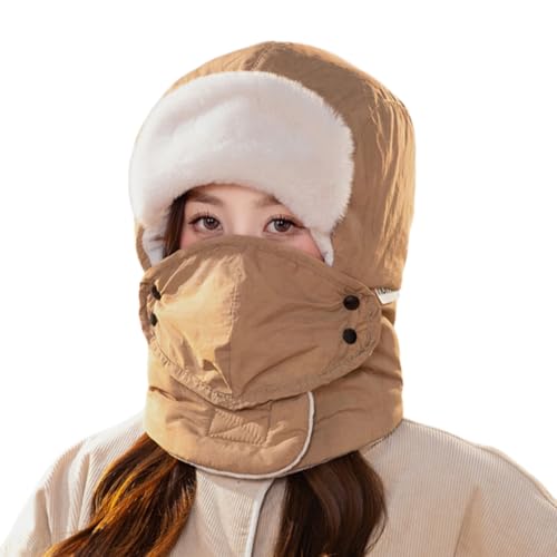GRABAGECAN Ear Protective Fleece Trapper Hat Hooded Trapper Hat for Hiking Skiing Cold Weather Facecover Earflap Hat Headgear Khaki