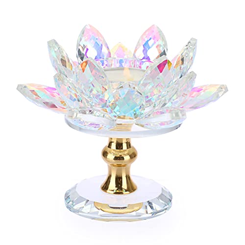 BTSKY AB Colorful Crystal Lotus Flower Tealight Candle Holder with Metal Base - Rainbow Color Glass Candle Holder Candlestick