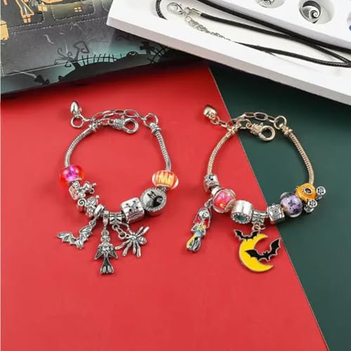 Halloween Treasures Charm Bracelet, Cute Halloween Charm Bracelet Adjustable Horror Pumpkin Spider Ghost Black Cat Pendant Bracelets for Women DIY Craft Decorations Gift Blind Box Kit3