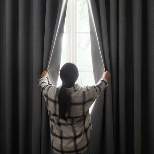 Aspire Homeware 100% Blackout Curtains for Living Room Charcoal 66x72 Linen Eyelet Curtains Super Soft Thermal Insulated Ring Top Curtain 2 Panels with Tiebacks - Image 3