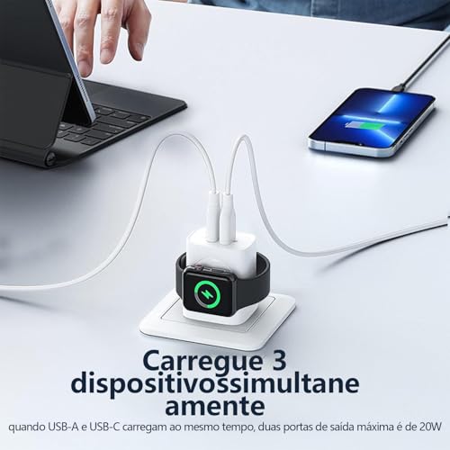 3 em 1 Watch Carregador, 20W Base Carregamento Magnética Sem Fio con Tipo C, USB A Portos, Rápido Ca
